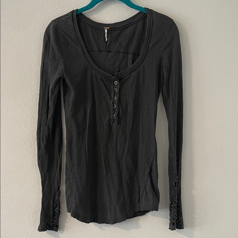 Free People Dark Gray Lace Sleeve Blouse